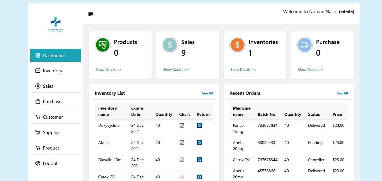 Pharmacy management software dashboard developed by DreamerCoder